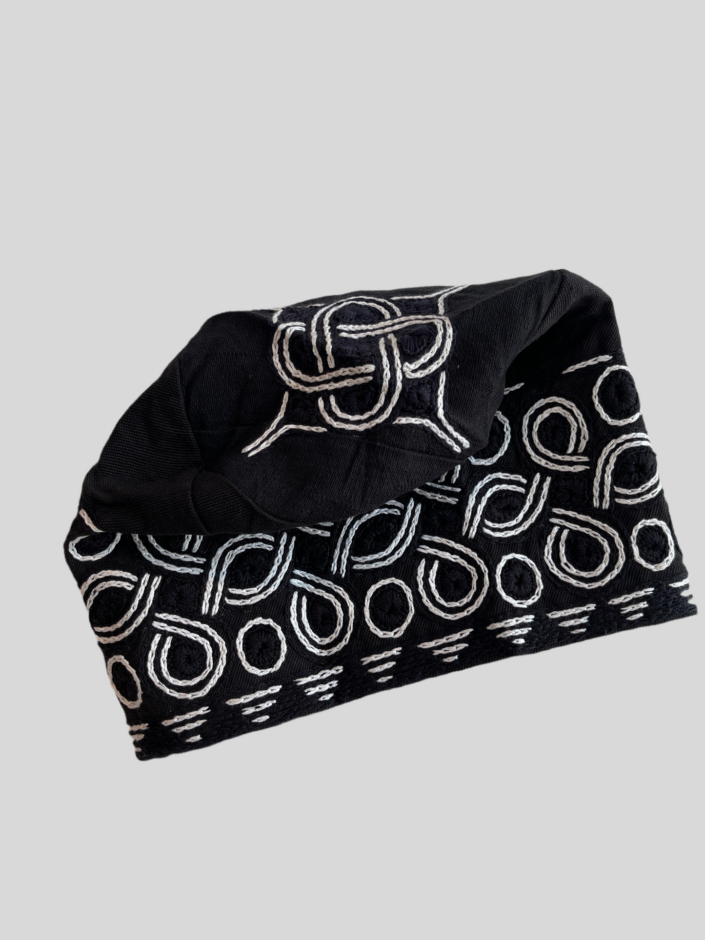 Black and white men's embroidery traditional aso oke cap