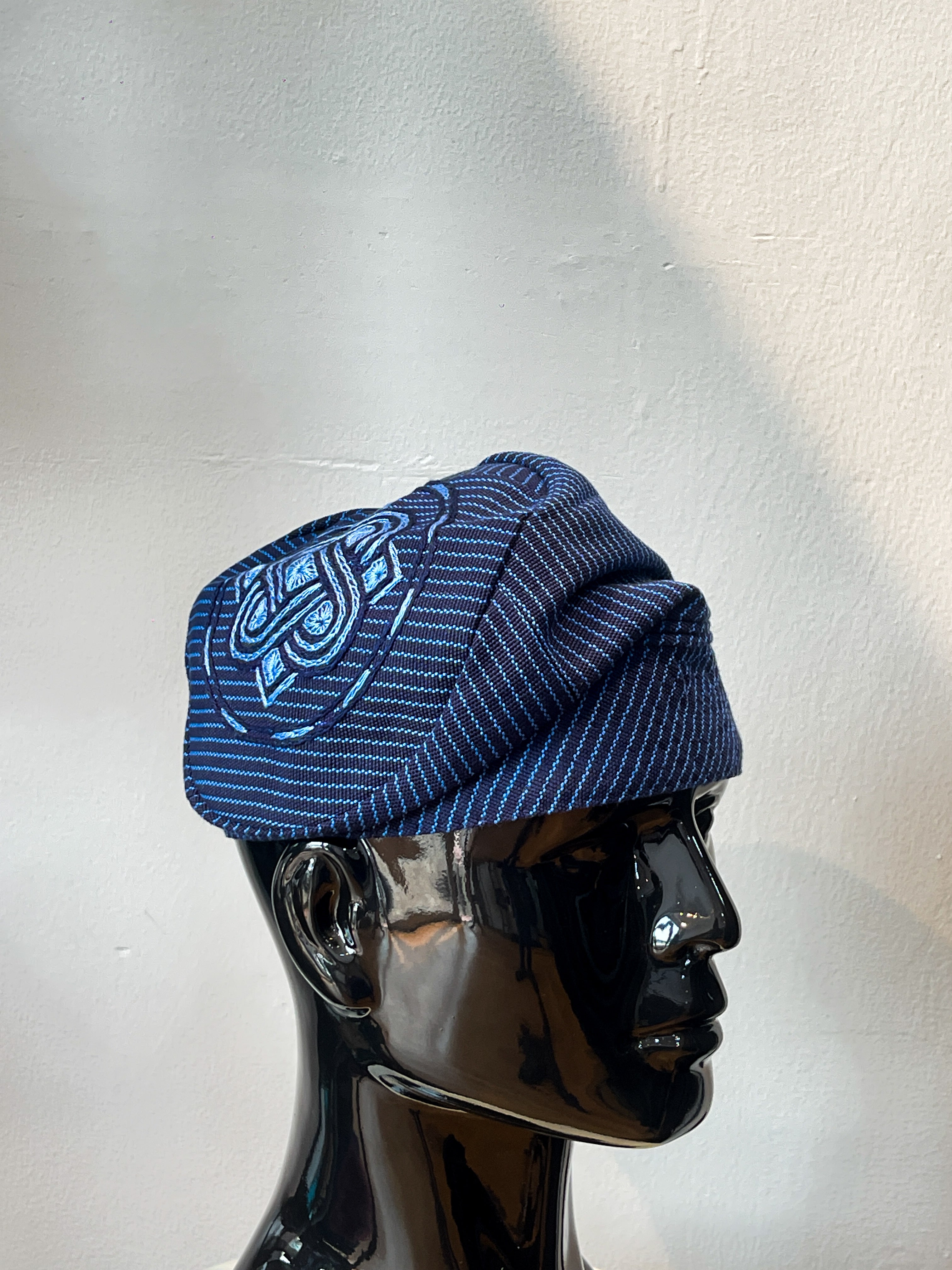 Orí Adé Signature Pin Stripe Blue Yoruba Cap with Hand-Embroidered Heritage Knot