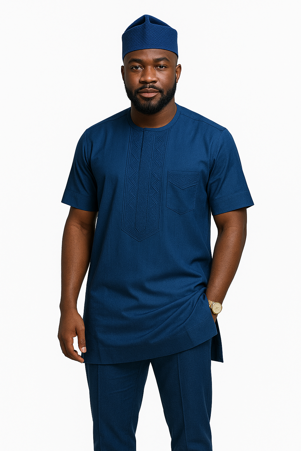 A Nigerian man wearing a deep blue embroidered native wear set, standing confidently against a white background. Perfect for weddings, events, and modern cultural style