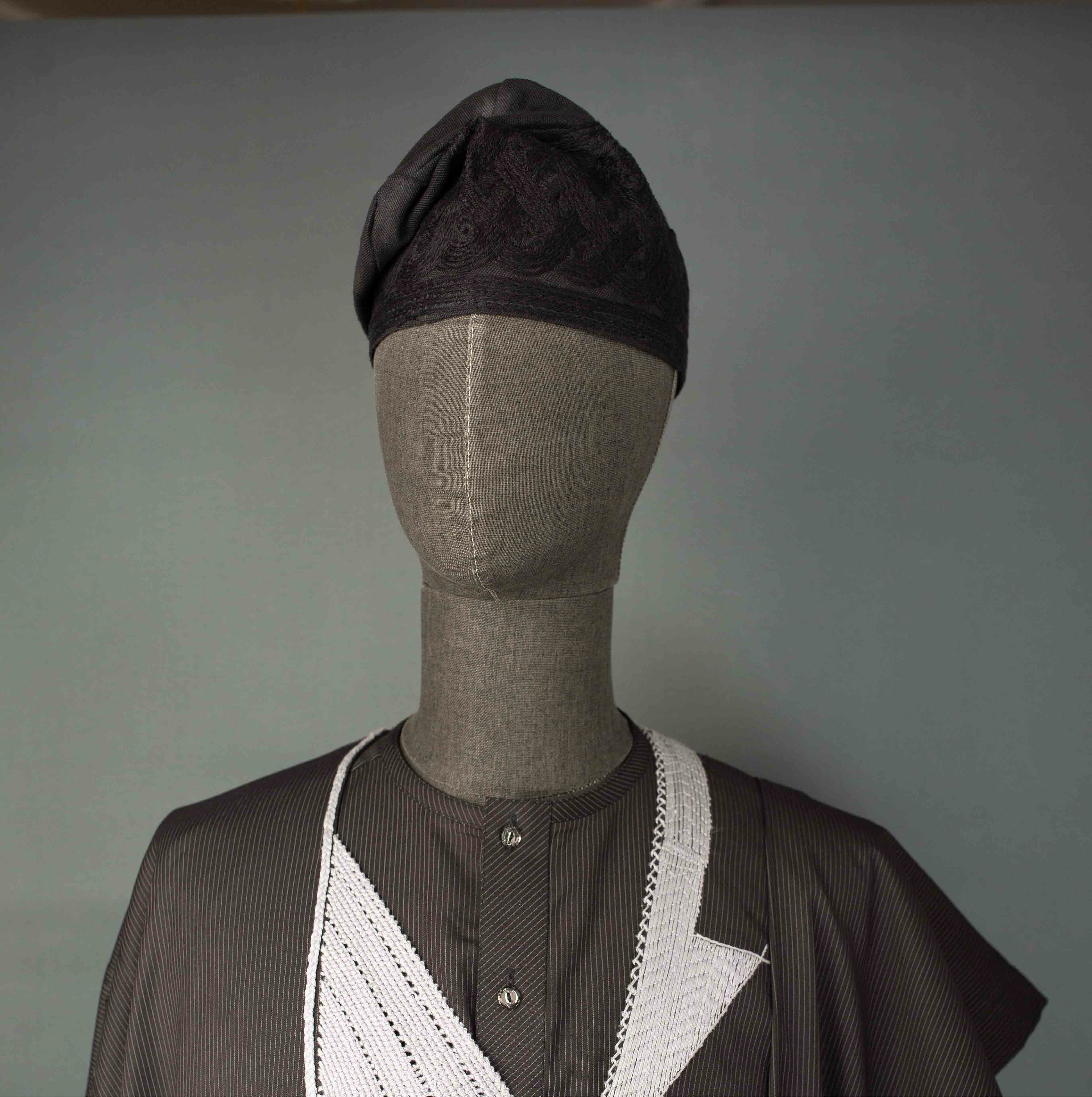 Black Yoruba Aso-Ofi Embroidery Cap – Handwoven Prestige by Orí Adé