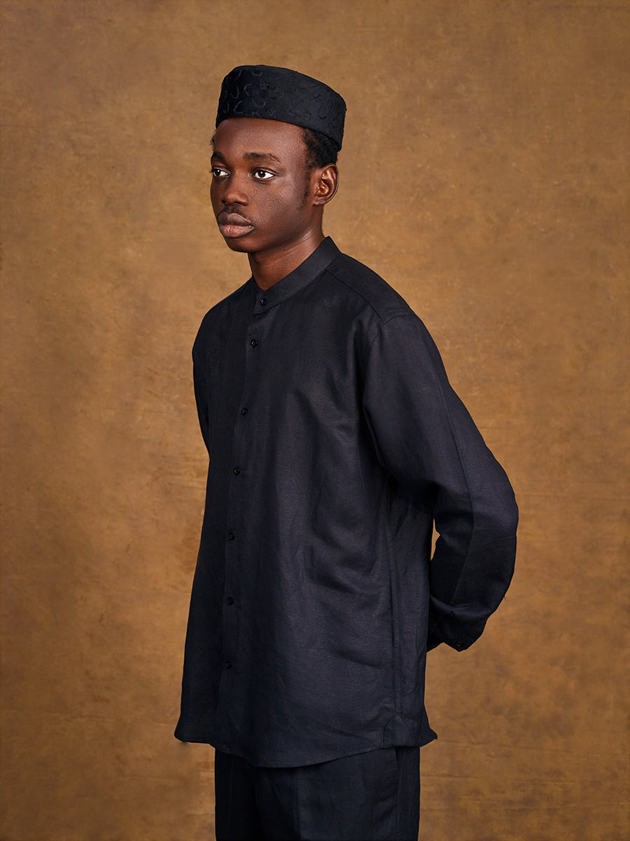 Black Linen Bishop Collar Long sleeve Shirt