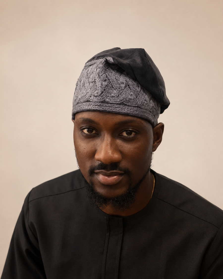 Ash Velvet Monotone Embroidered Yorùbá Cap