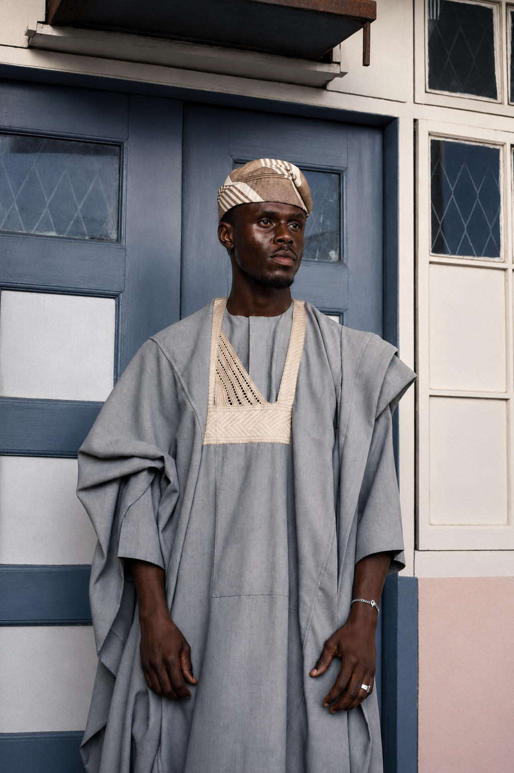 Beige Jakan agbada with 3/4 sleeves and loose trousers