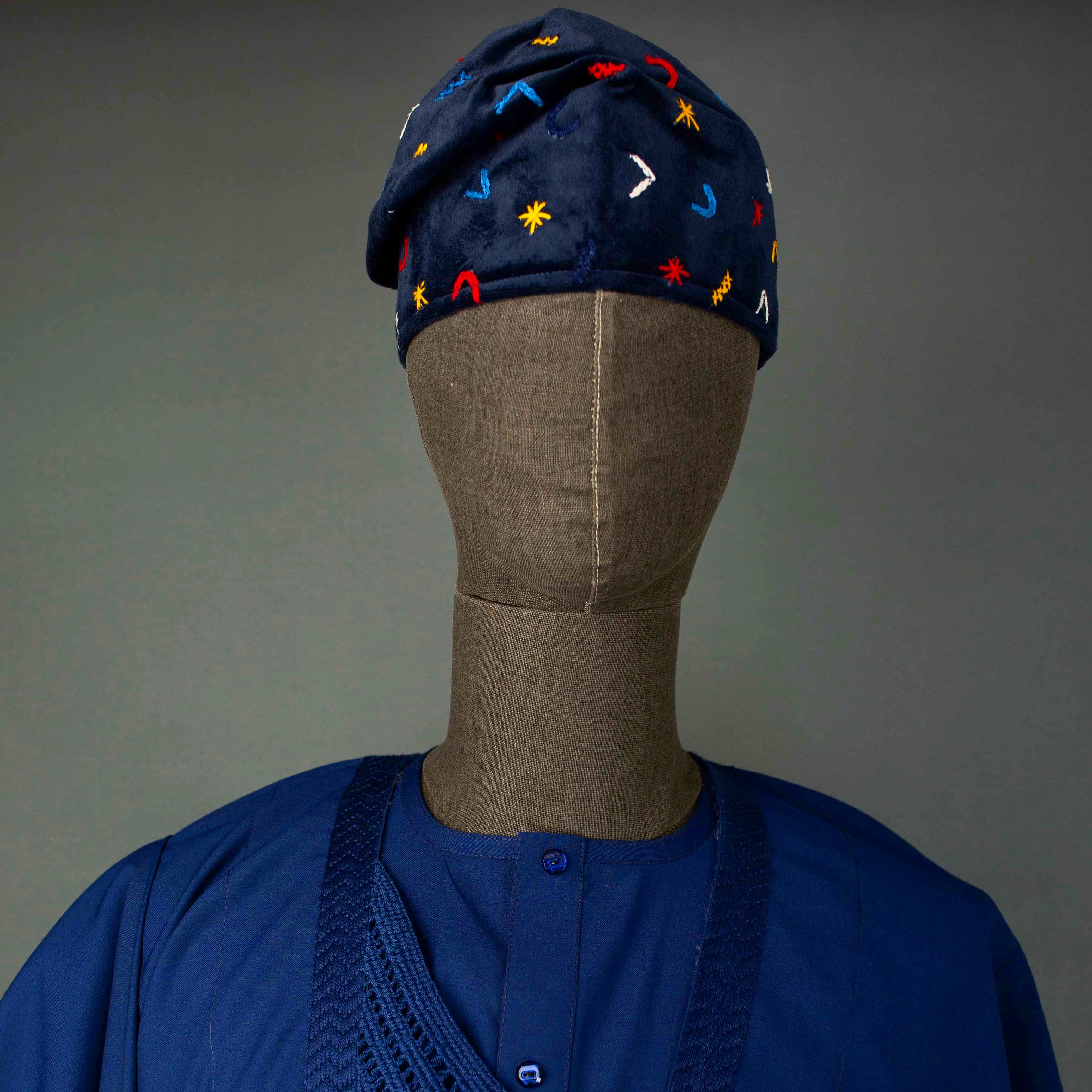 Blue velvet Yoruba traditional cap handcrafted in Nigeria using premium fabric and cultural design