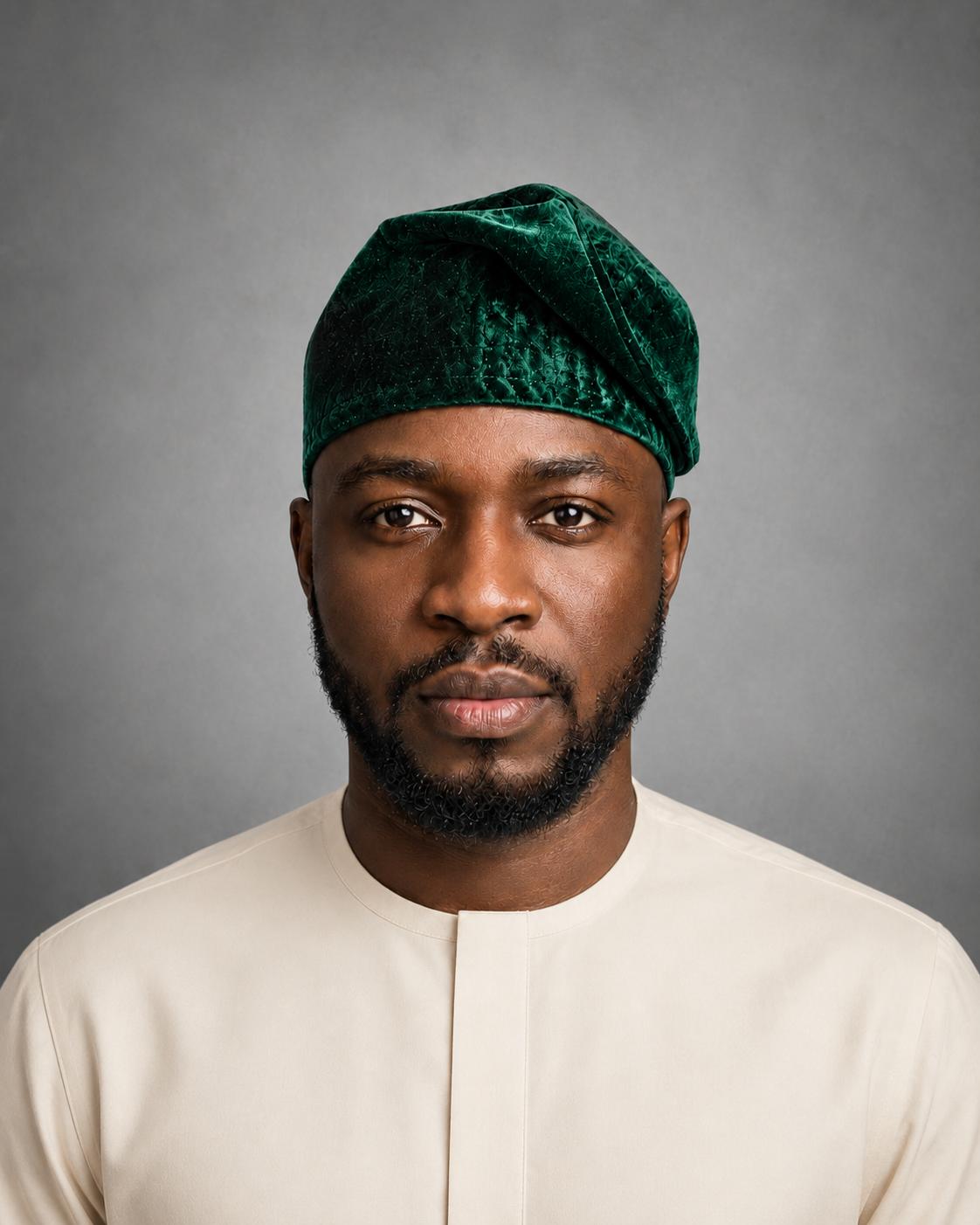 Male model wearing an Orí Adé deep green velvet Yoruba fila cap with a white kaftan.