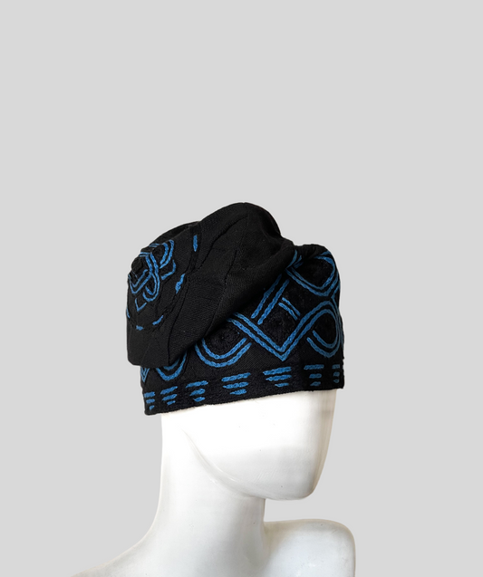 Black and blue mens embroidery aso oke cap