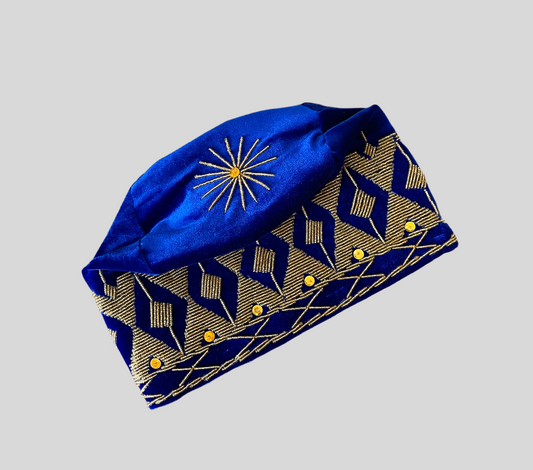 Blue and Gold Akogun traditional yoruba wedding beaded hat