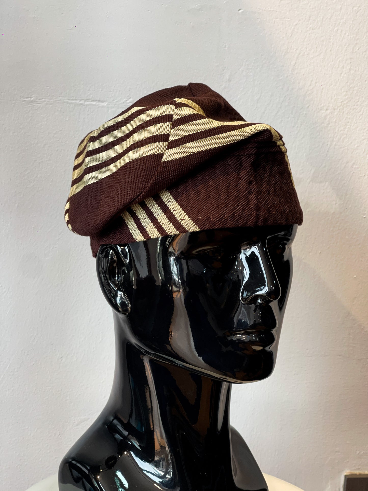 Brown with Butter Stripes Nigerian traditional Aso Oke cap