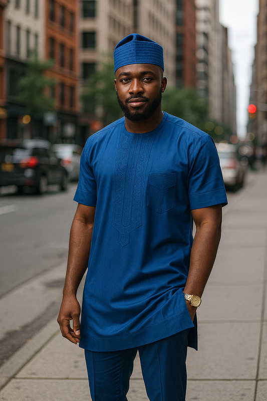A Nigerian man wearing a deep blue embroidered native wear set, standing confidently on the street. Perfect for weddings, events, and modern cultural style