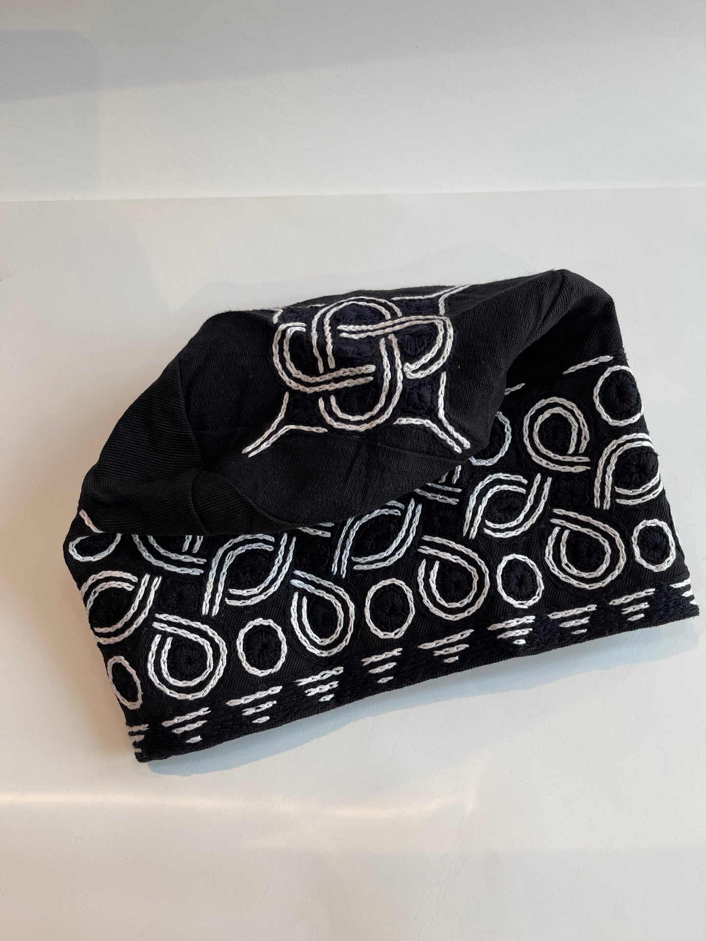 Black and white men's embroidery traditional aso oke cap