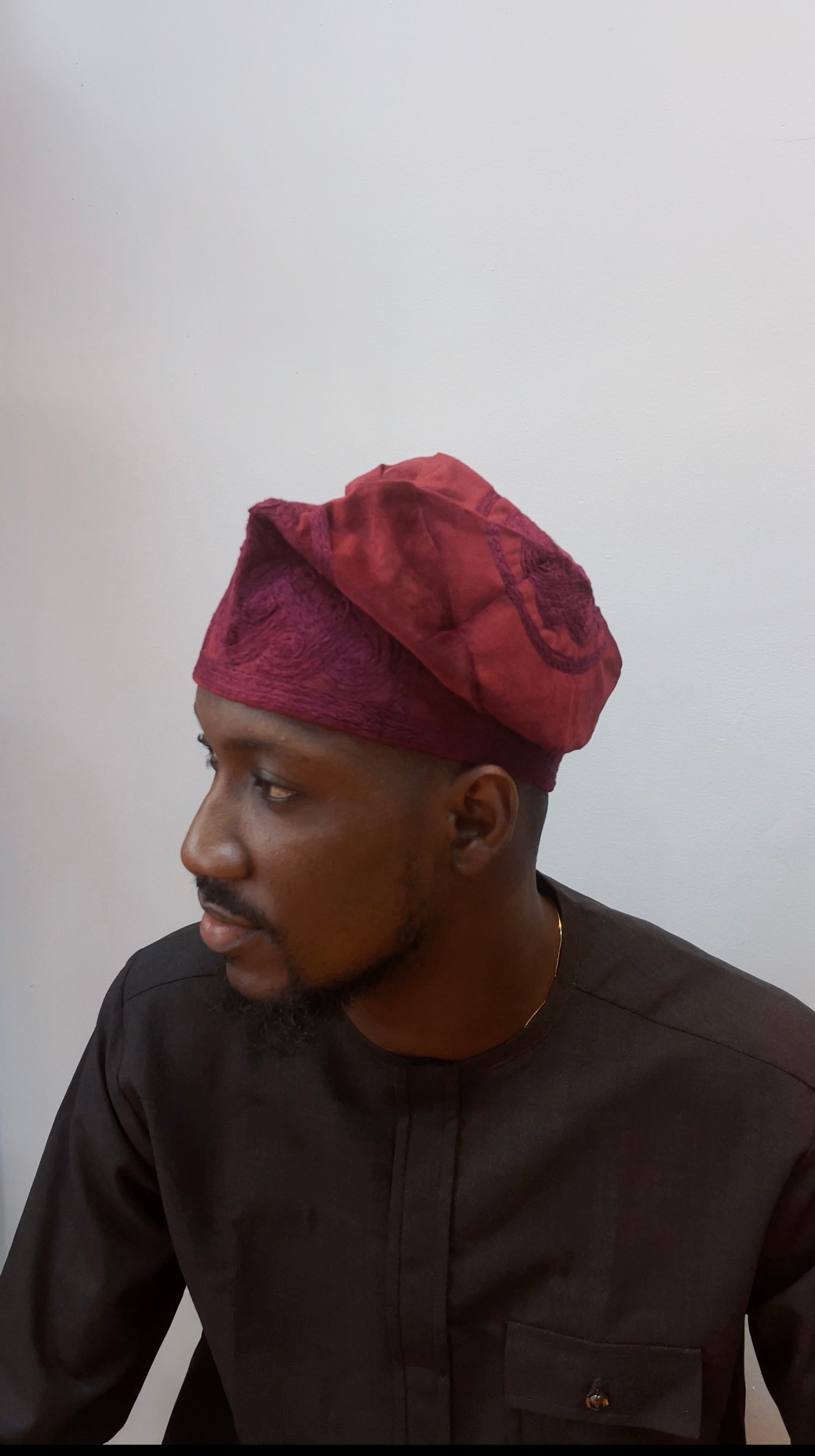 Burgundy Handknit monotone velvet Nigerian Cap