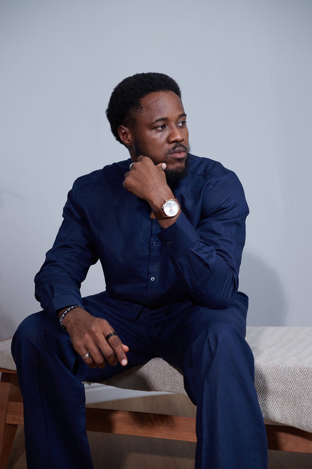 Orí Adé Navy Blue Linen Set – Mandarin Shirt & Drawstring Trousers