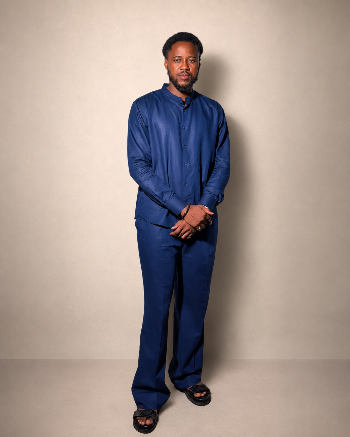 Orí Adé Navy Blue Linen Set – Mandarin Shirt & Drawstring Trousers