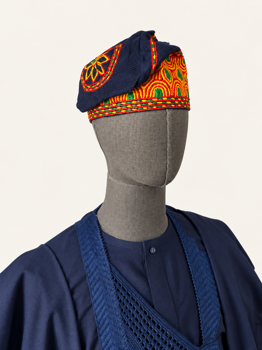 Aso-Oke Yorùbá Cap with Red, Yellow & Green Embroidery — Àríyá by Orí Adé