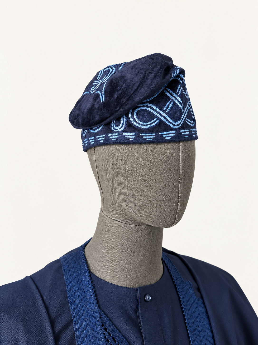 Navy Velvet Yorùbá Cap with Blue Embroidery by Orí Adé