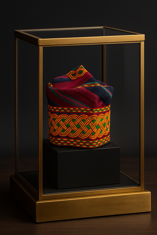 Pin stripe Navy Blue aso oke with green, yellow and red embroidery yoruba mens cap