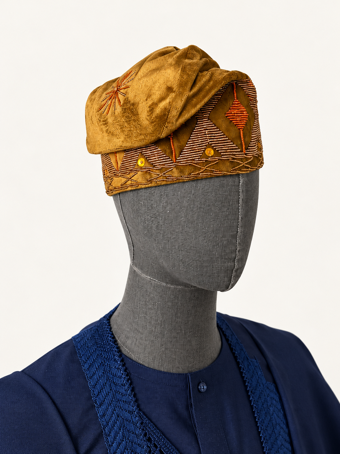 Gold Velvet Yorùbá Cap with Orange Beadwork