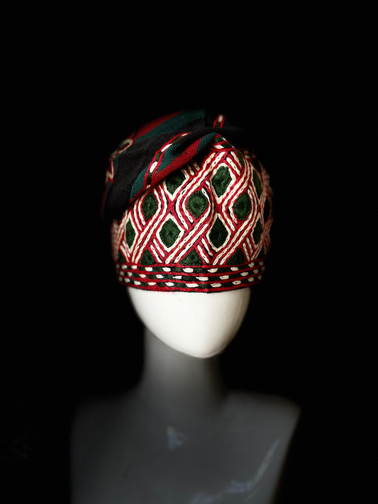 Black With Green and Red Handknit embroidered traditional yoruba cap