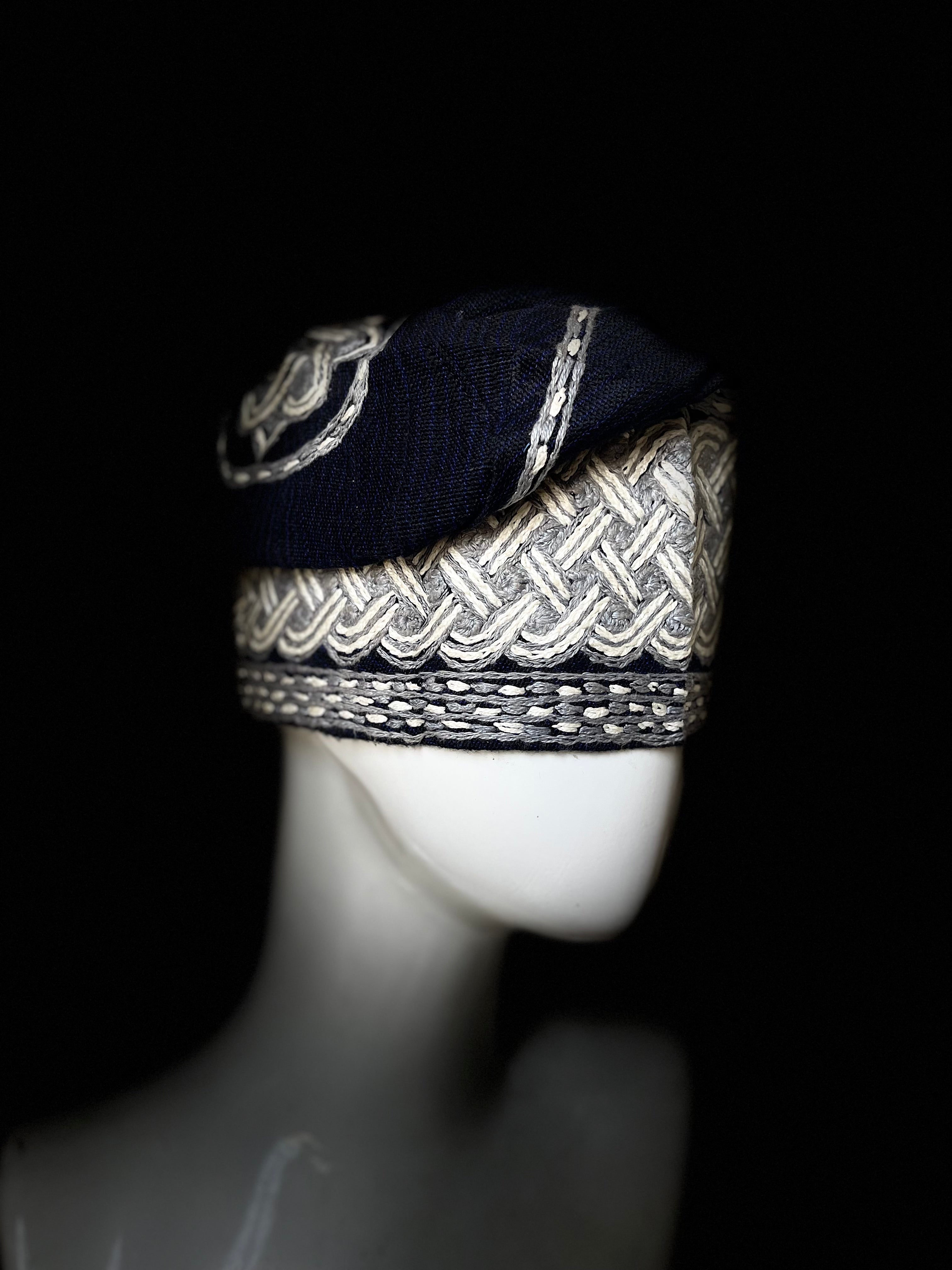 Black and ash yoruba men's embroidery aso oke hat