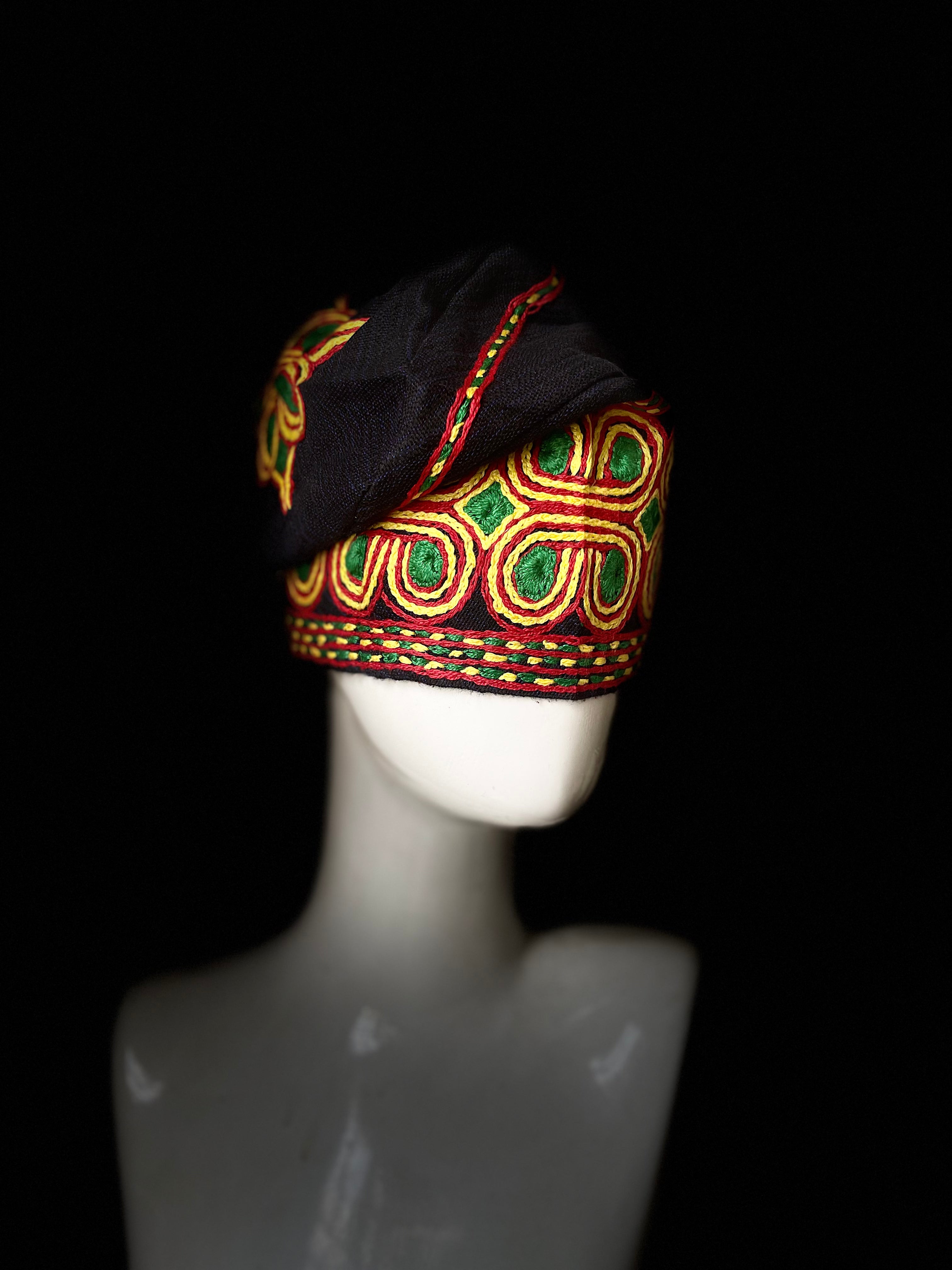 Black and yellow ijebu yoruba men's embroidery aso oke hat