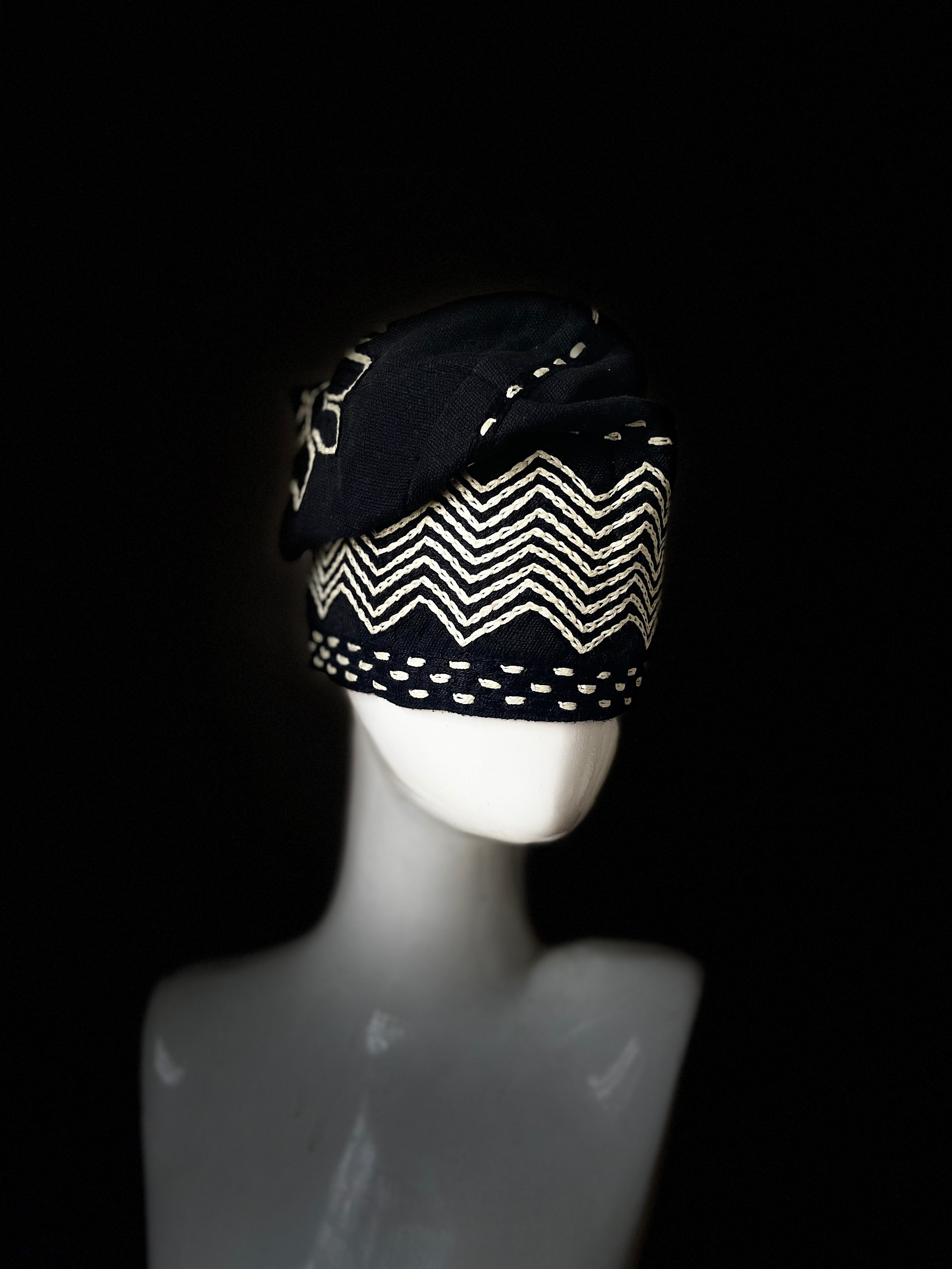 Black and off white embroidery yoruba men's embroidery aso oke hat