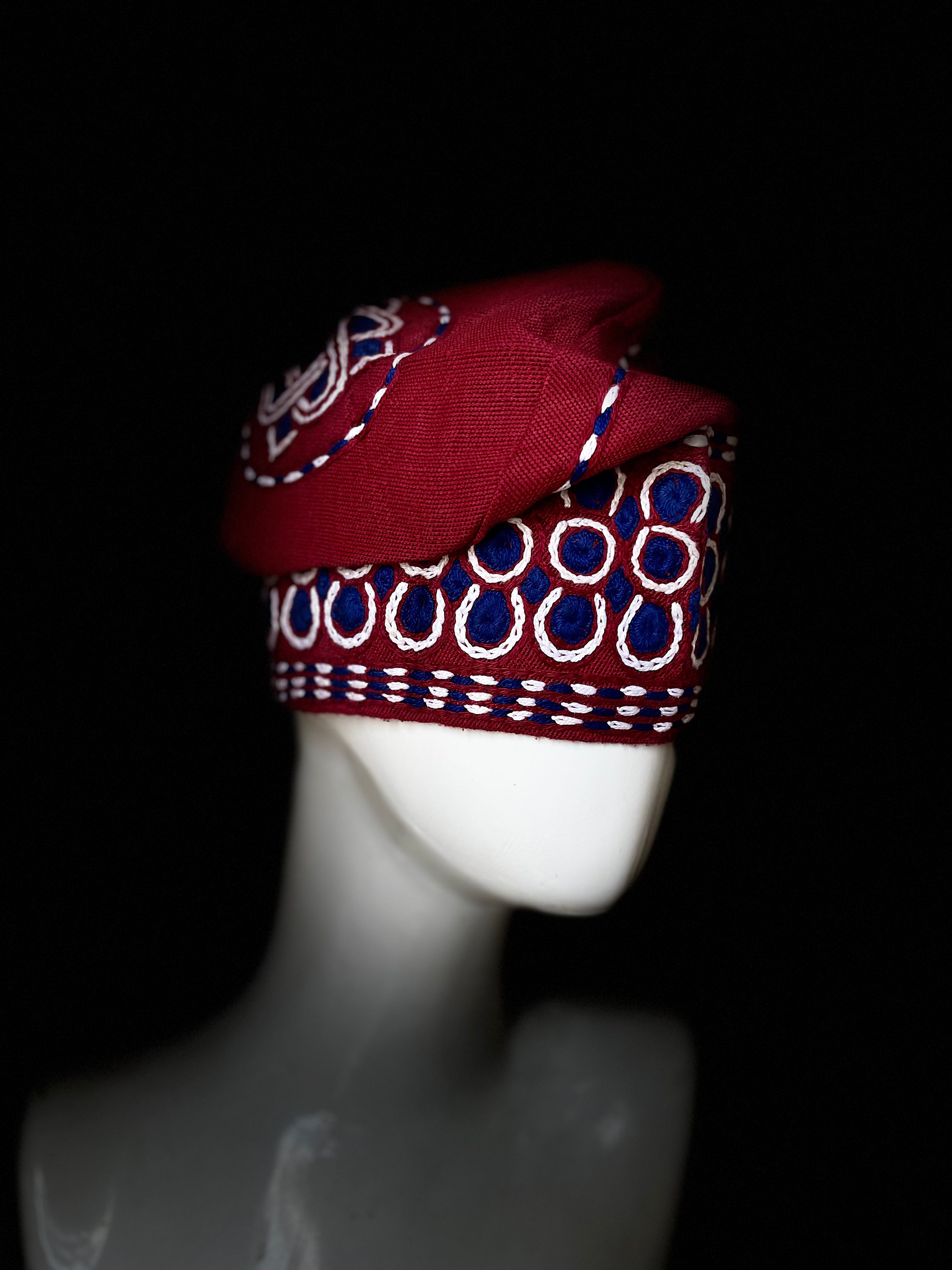 Red and blue yoruba men's embroidery aso oke hat
