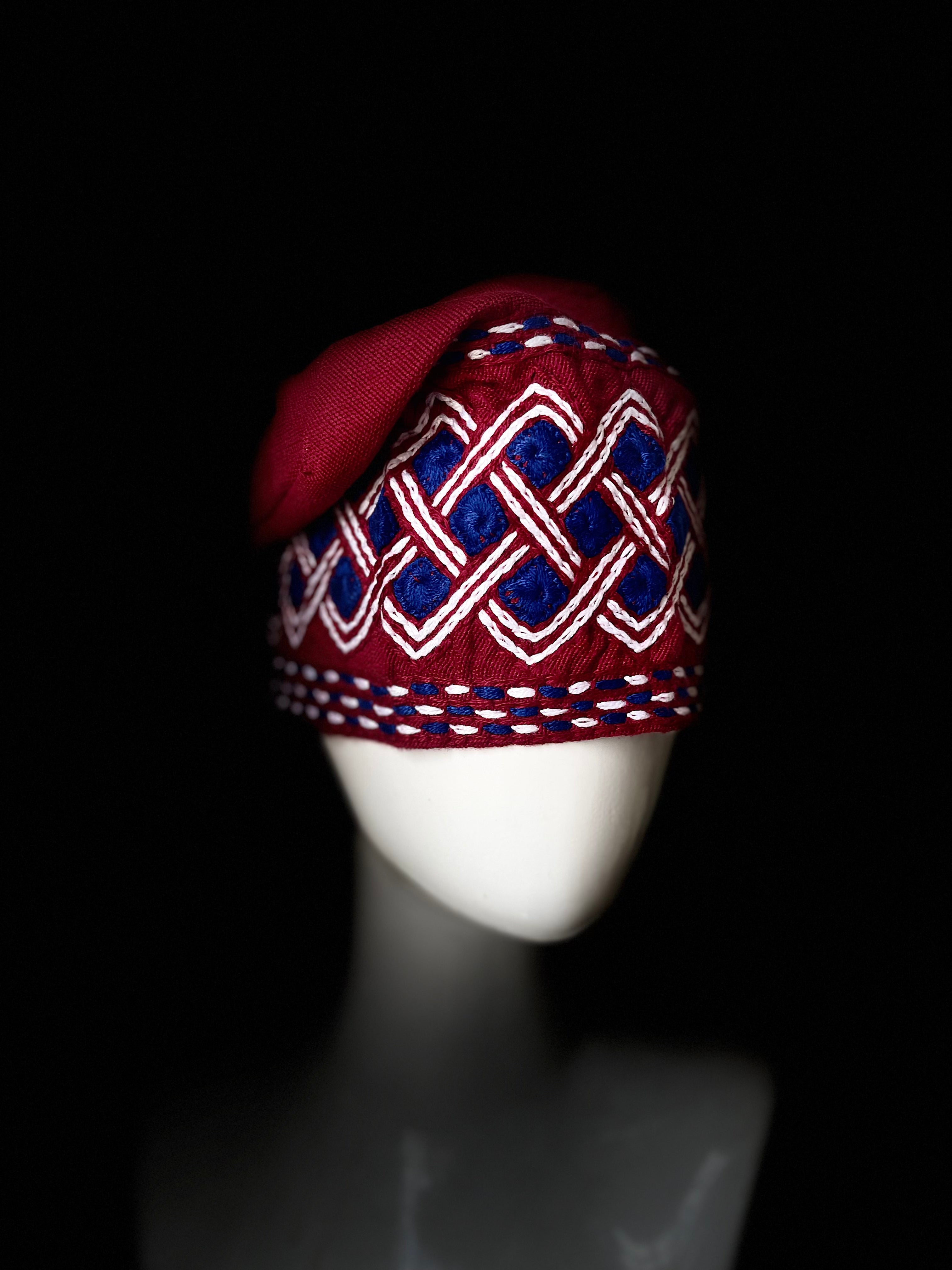Red, white and blue yoruba men's embroidery aso oke hat
