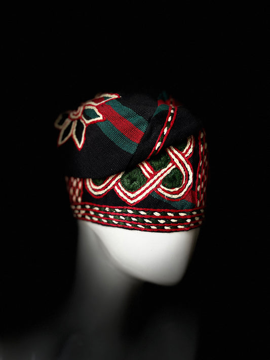 Black With Green and Red Handknit embroidered traditional yoruba cap