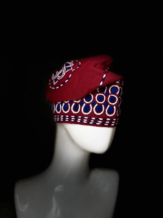 Red and blue yoruba men's embroidery aso oke hat
