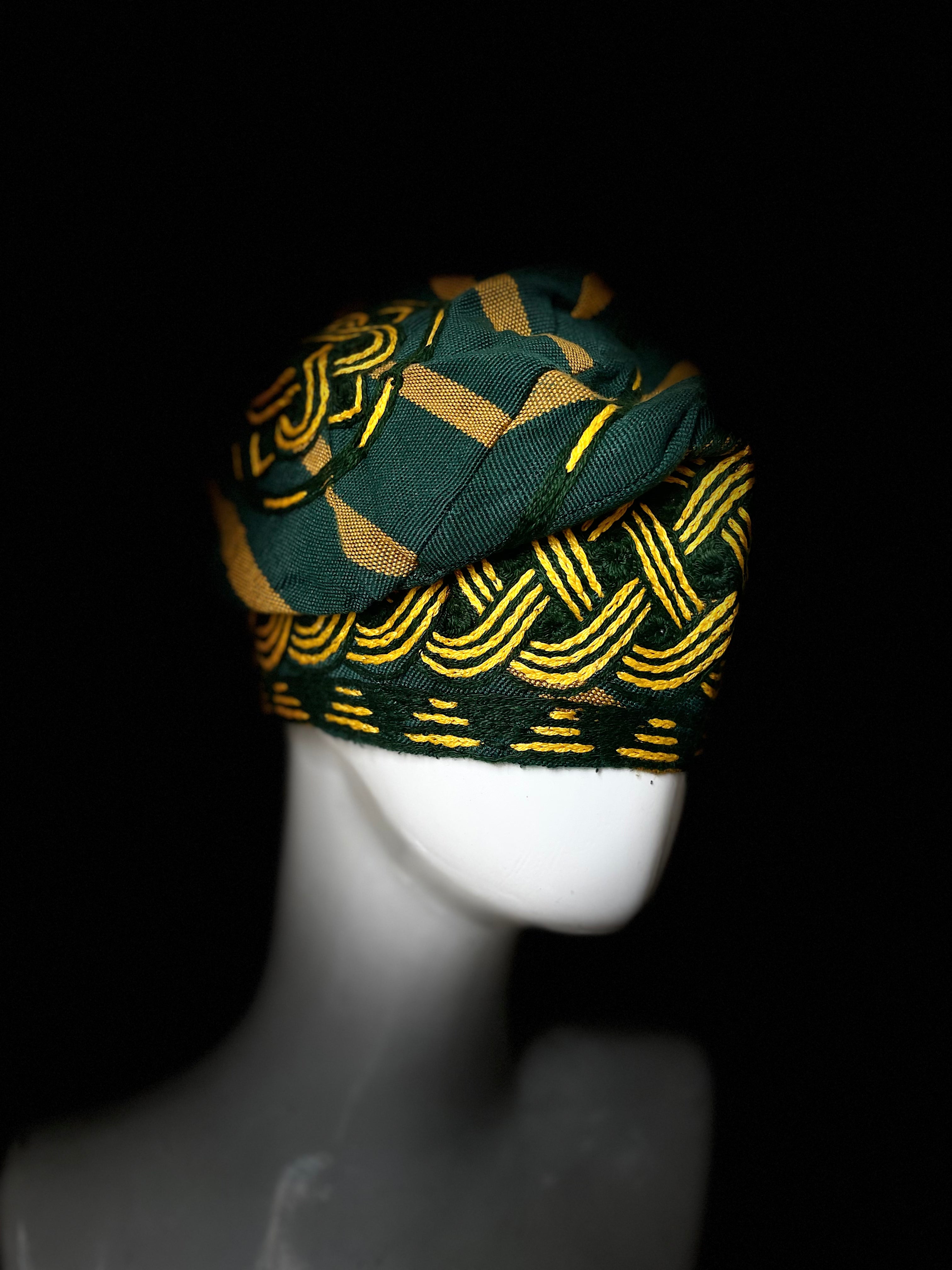 Green and yellow yoruba men's embroidery aso oke hat