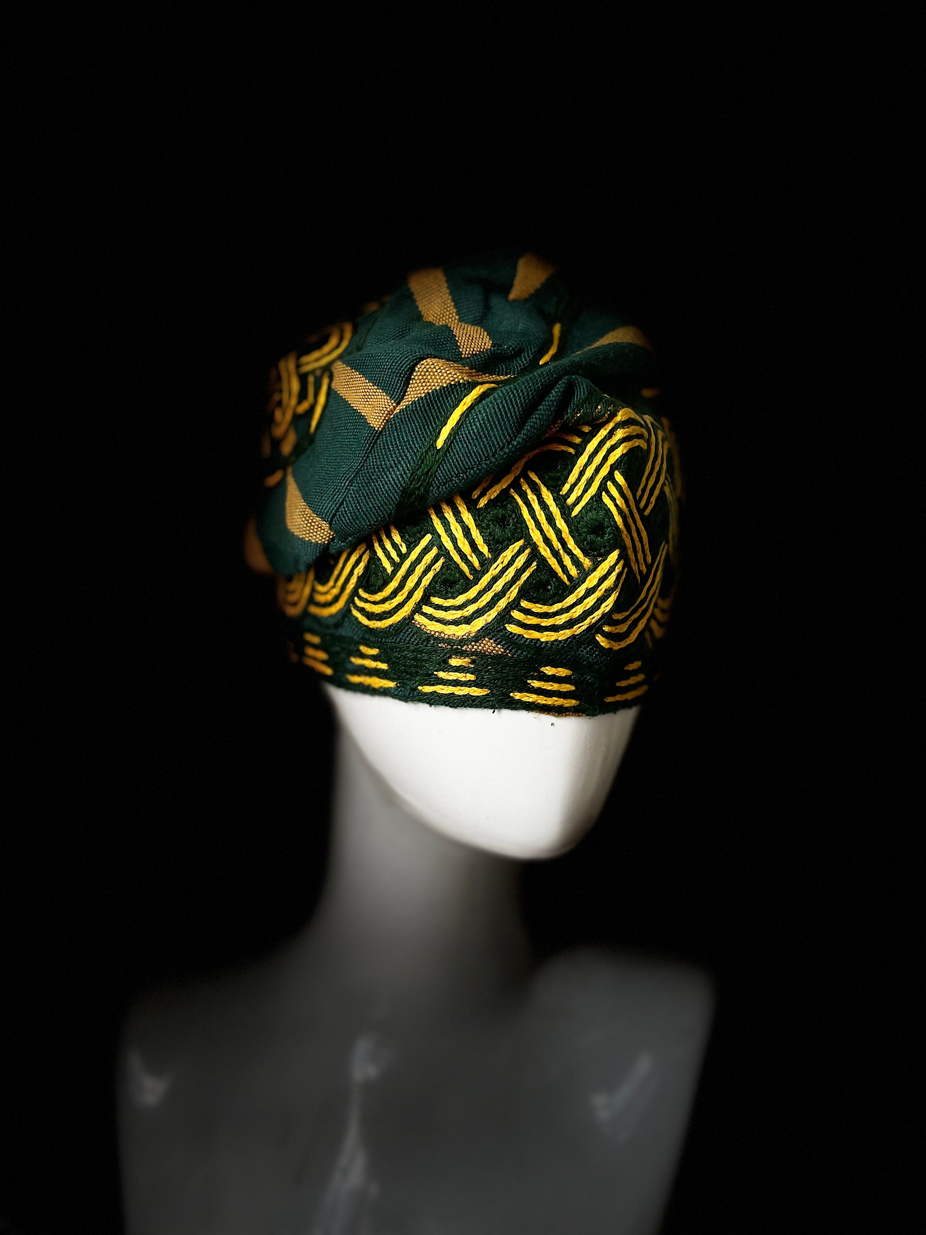 Green and yellow yoruba men's embroidery aso oke hat