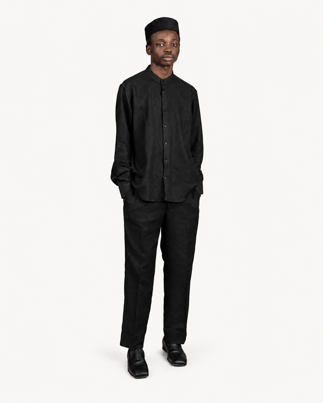 Orí Adé Black Linen Set — Bishop-Collar Shirt & Drawstring Trousers — studio product photograph