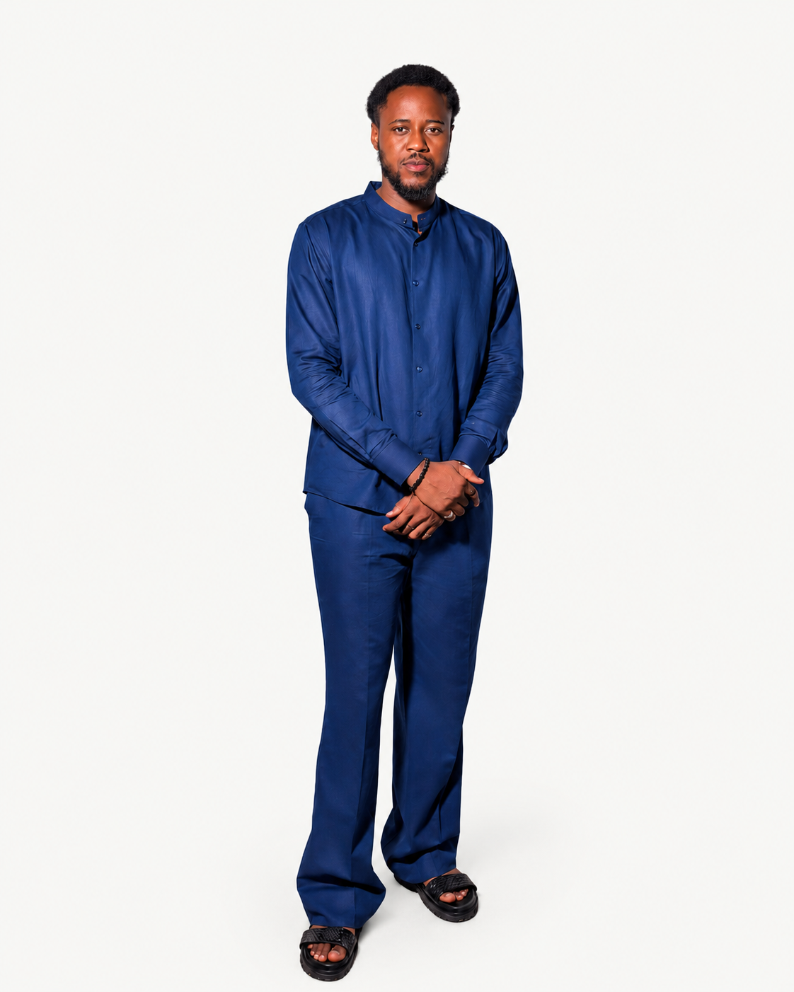Orí Adé Navy Blue Linen Set – Mandarin Shirt & Drawstring Trousers — studio product photograph