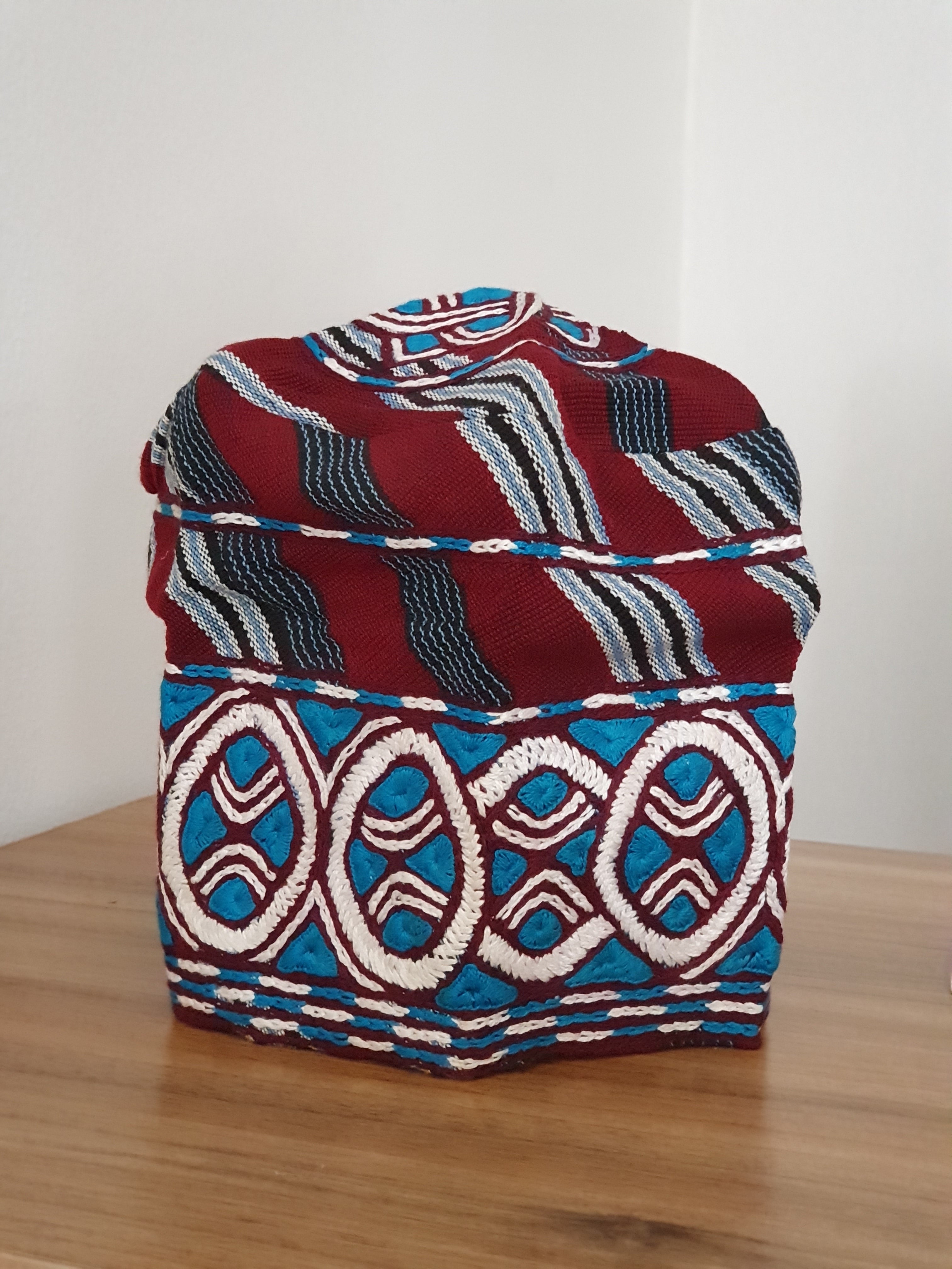 Burgundy & Blue Embroidered Aso-Oke Yorùbá Cap