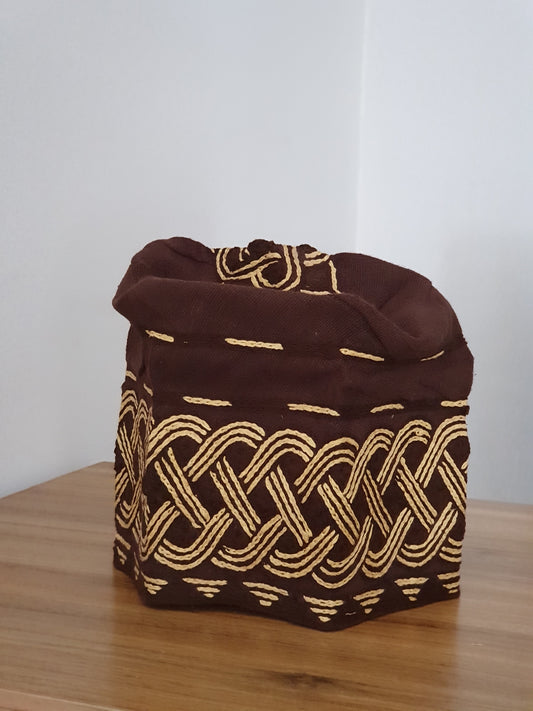 Brown and cream Nigerian men embroidery aso oke cap