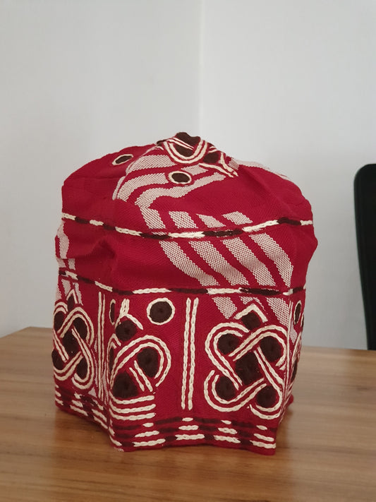 Red and cream stripes Nigerian men yoruba cap with embroidery
