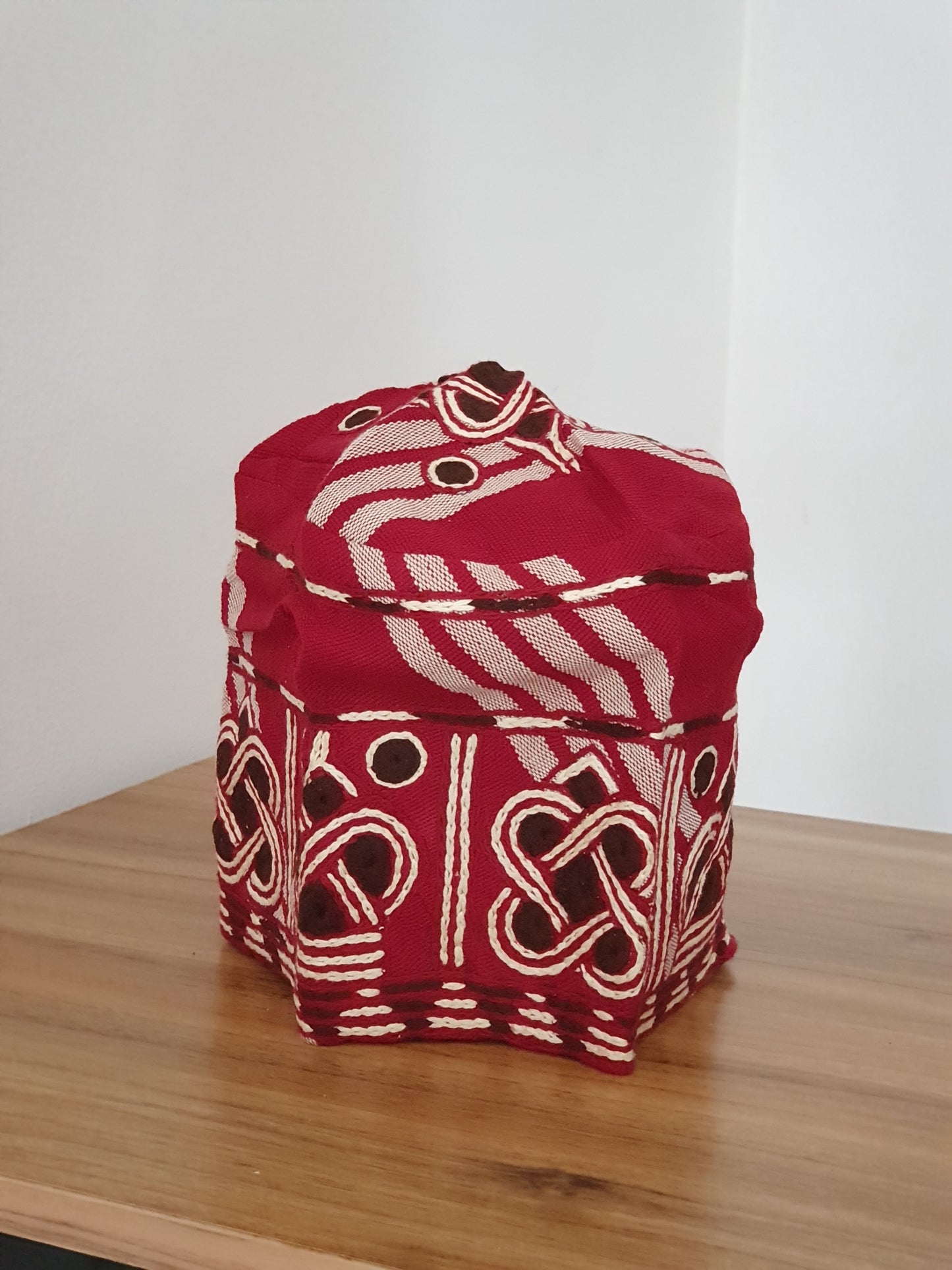 Red and cream stripes Nigerian men yoruba cap with embroidery