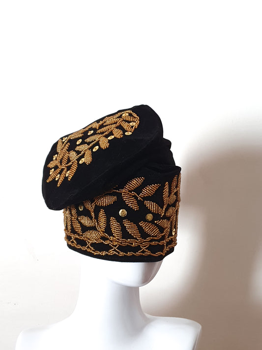Black Akogun Beaded  traditional yoruba Wedding hat