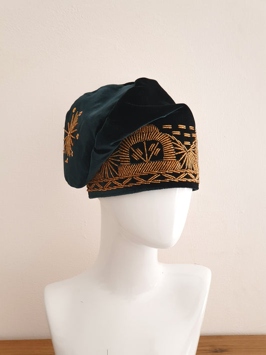 Green and gold beaded hat