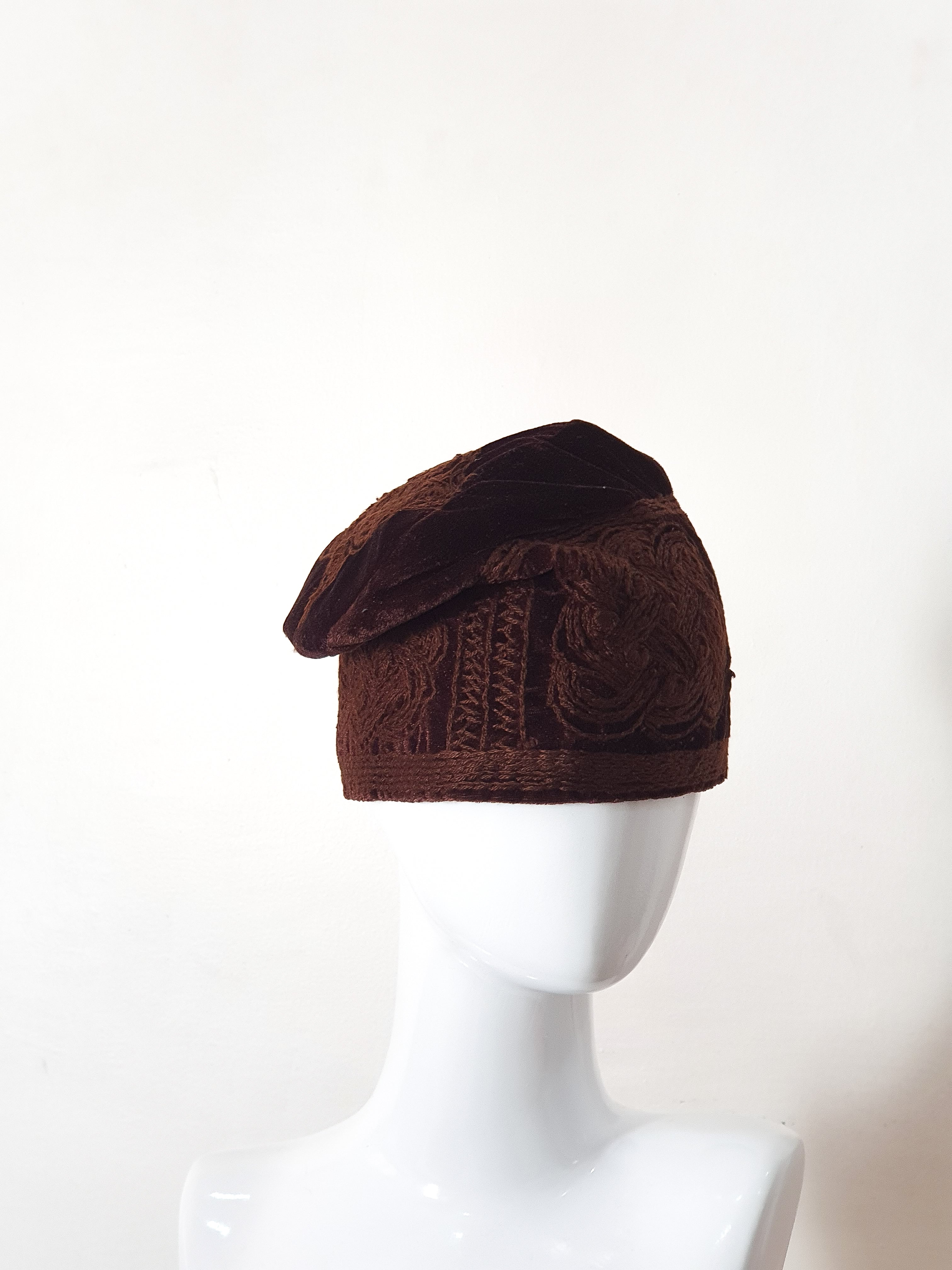 BROWN velvet monotone embroidery yoruba cap
