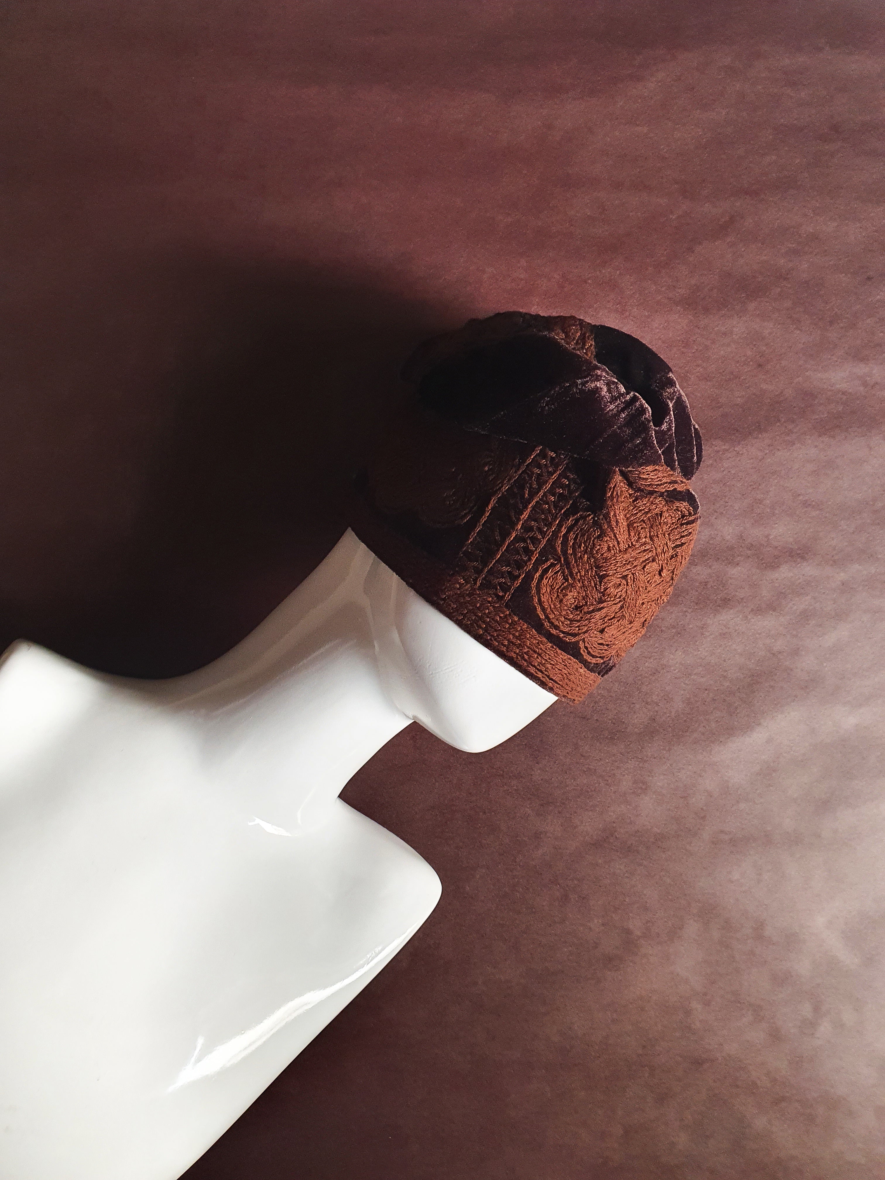 BROWN velvet monotone embroidery yoruba cap