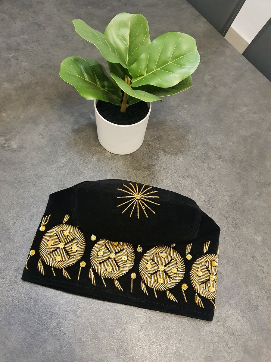 ÀKÓGUN Black Velvet Yorùbá Cap with Gold Medallion Beadwork