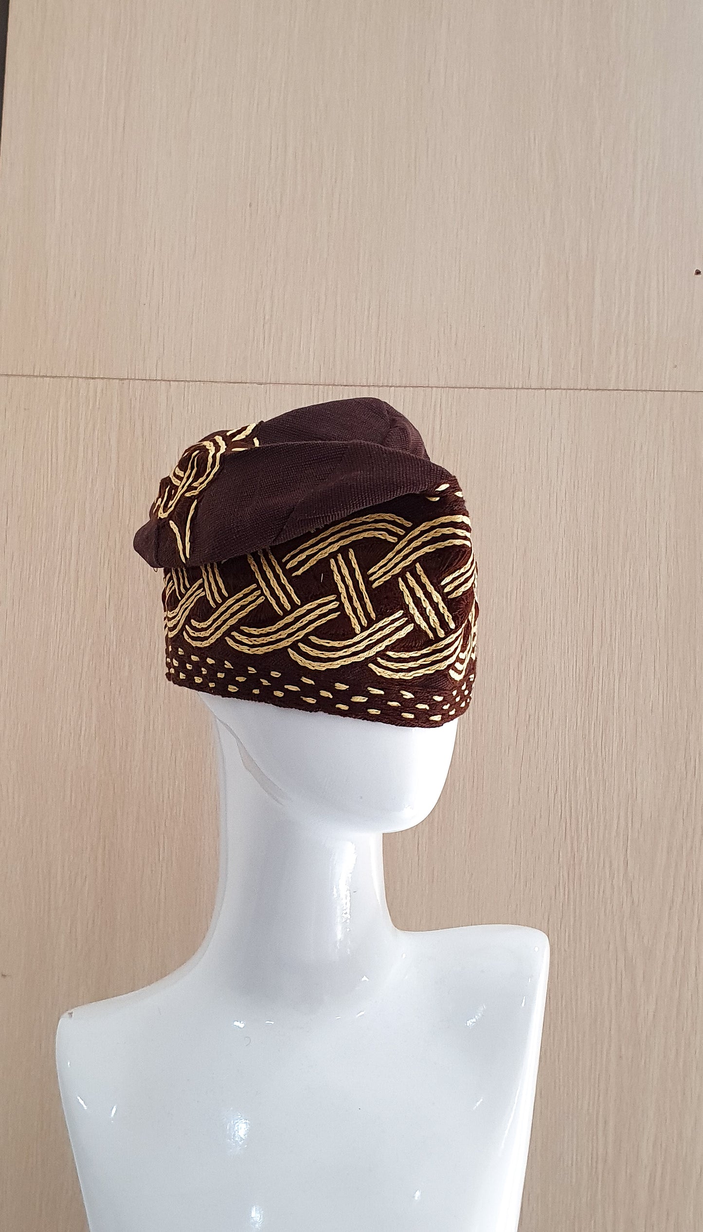 Brown and cream Nigerian men embroidery aso oke cap