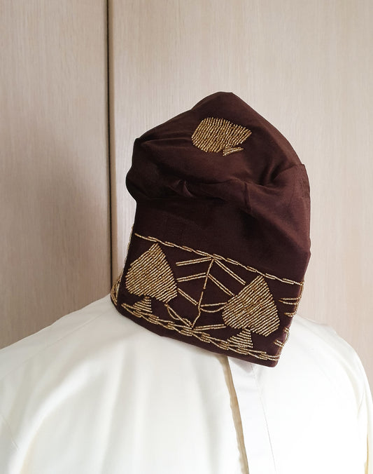 Brown with Gold Ace Design Royal beaded african hat