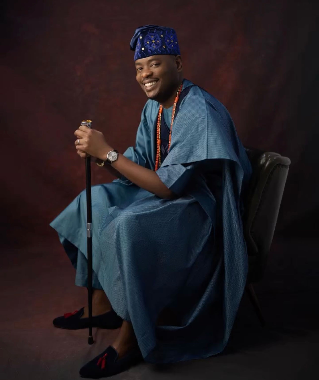 ÀKÓGUN Dark Blue & Gold Beaded Yoruba Cap